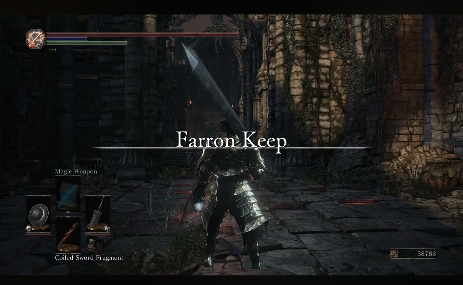 A frame from a gameplay video: an area name appears on screen over a ruined stone courtyard, with health and stamina bars and item slots at the edges